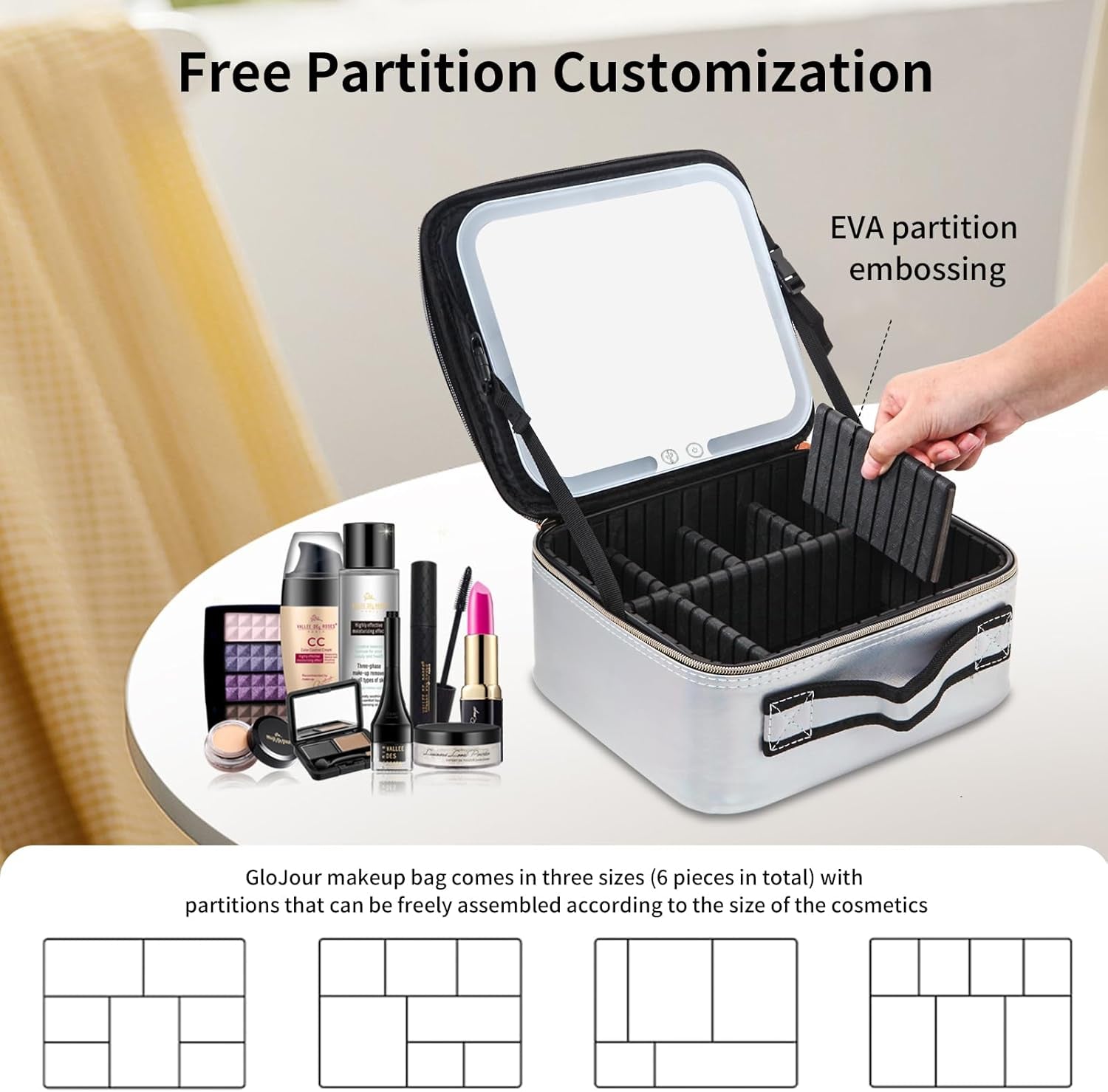 Makeup Bag with Led Mirror Travel Makeup Case with Lighted Mirror Designed with Partitions Waterproof Makeup Train Organizer with 3 Adjustable Brightness Color (Silver)