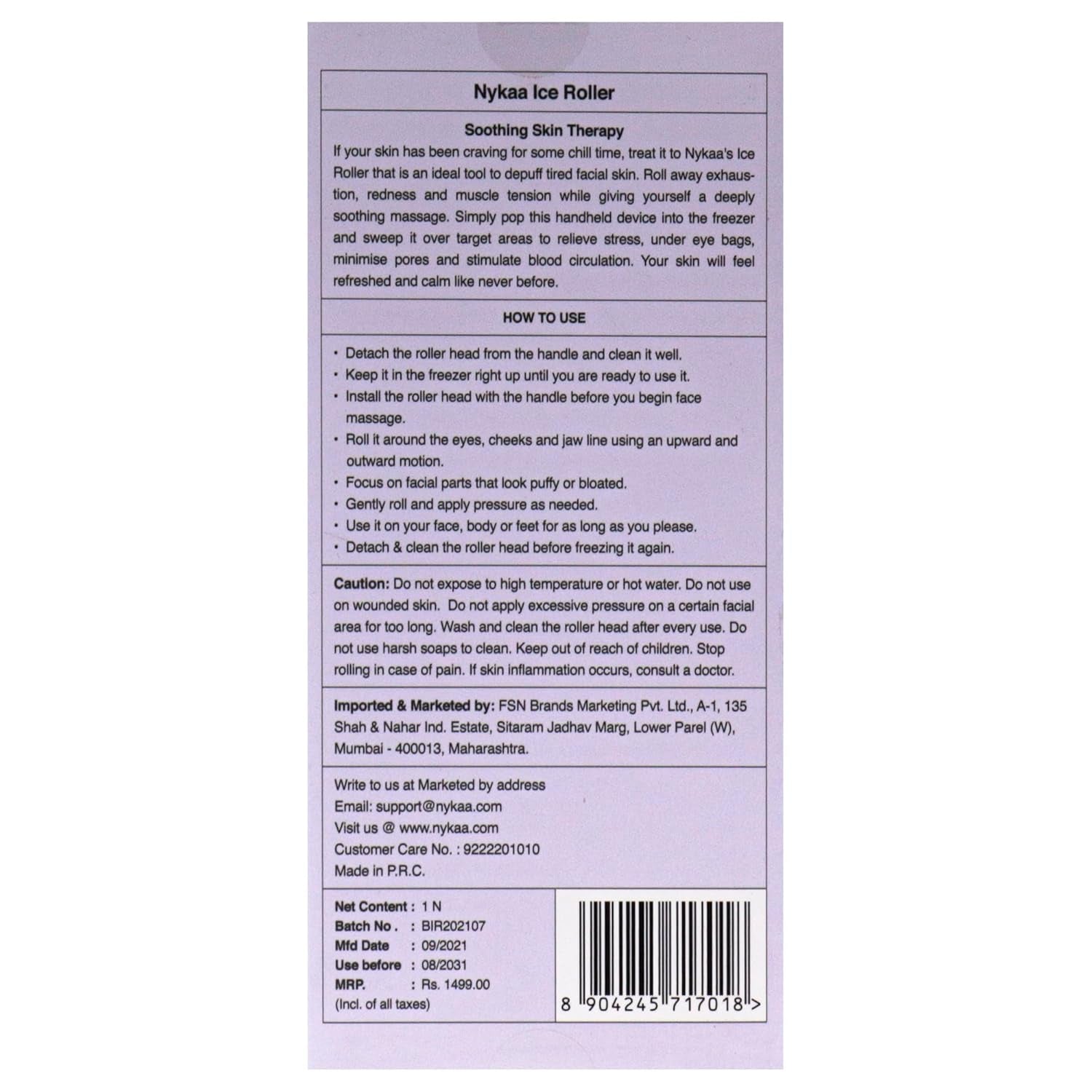 Ice Roller Massage for Face Toning - Reduces Clogged Pores - Improves Absorption - Releases Neck Stiffness - Lavender - 1 Pc