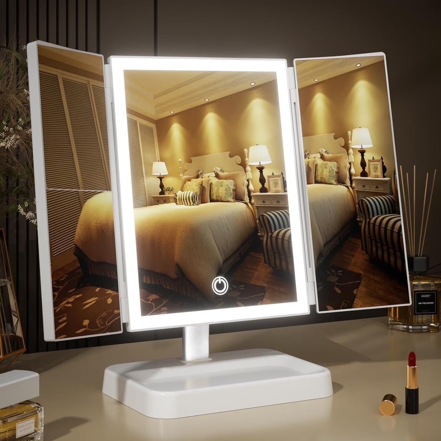 Makeup Vanity Mirror with Lights, 1X 2X 3X Magnification, Lighted , Touch Control, Trifold , Dual Power Supply, Portable LED Makeup Mirror, Women Gift (White)