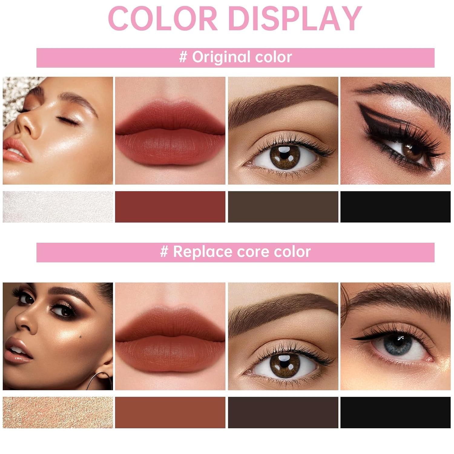 4 in 1 Makeup Pen, 4 Colors Eyeliner Eyebrow Lip Liner Highlighter All in One Beauty Pen, Waterproof Long-Lasting Multifunctional Travel Portable Makeup Pen with 4 Replacement Refill