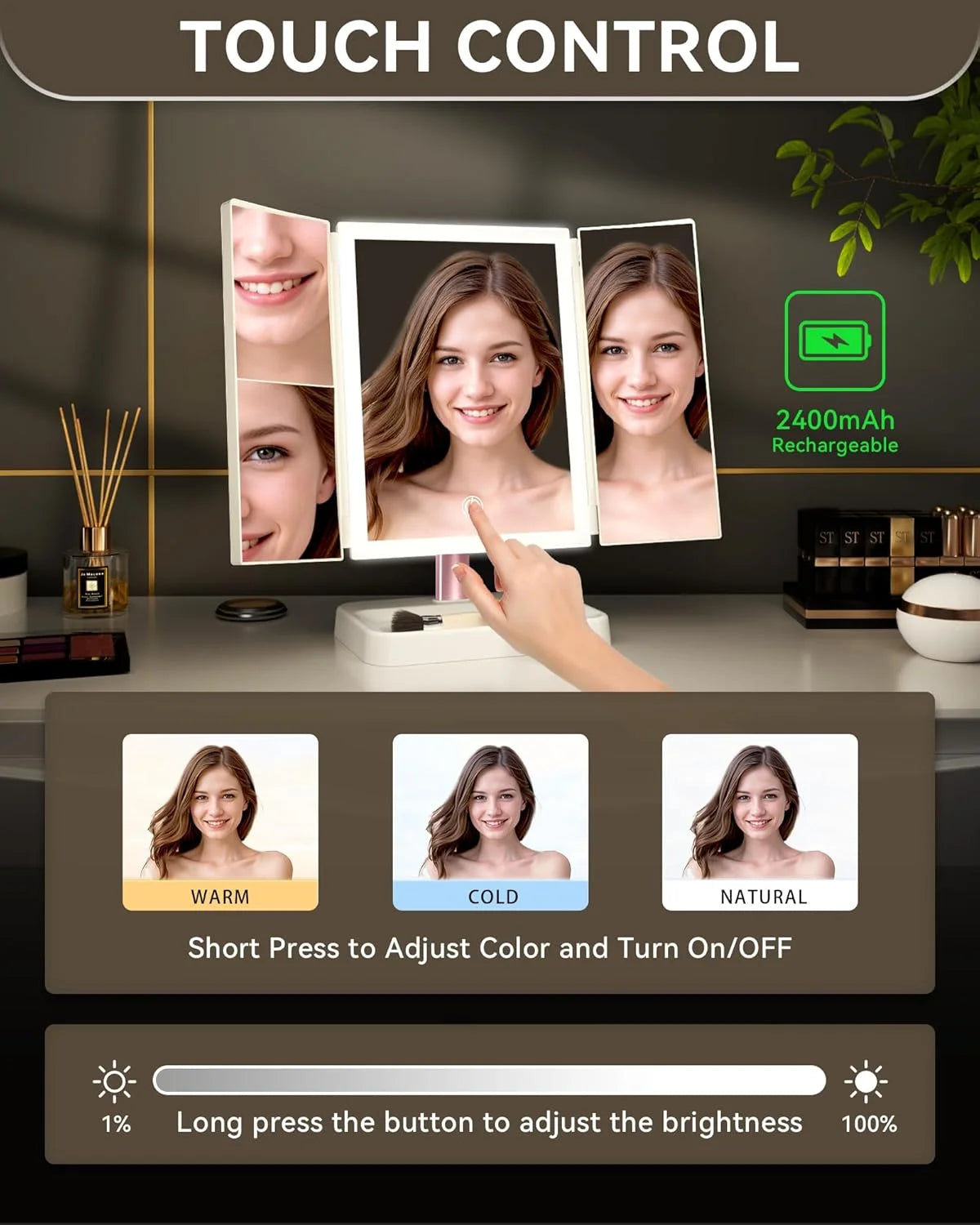 Makeup Vanity Mirror with Lights, 1X 2X 3X Magnification, Lighted , Touch Control, Trifold , Dual Power Supply, Portable LED Makeup Mirror, Women Gift (White)