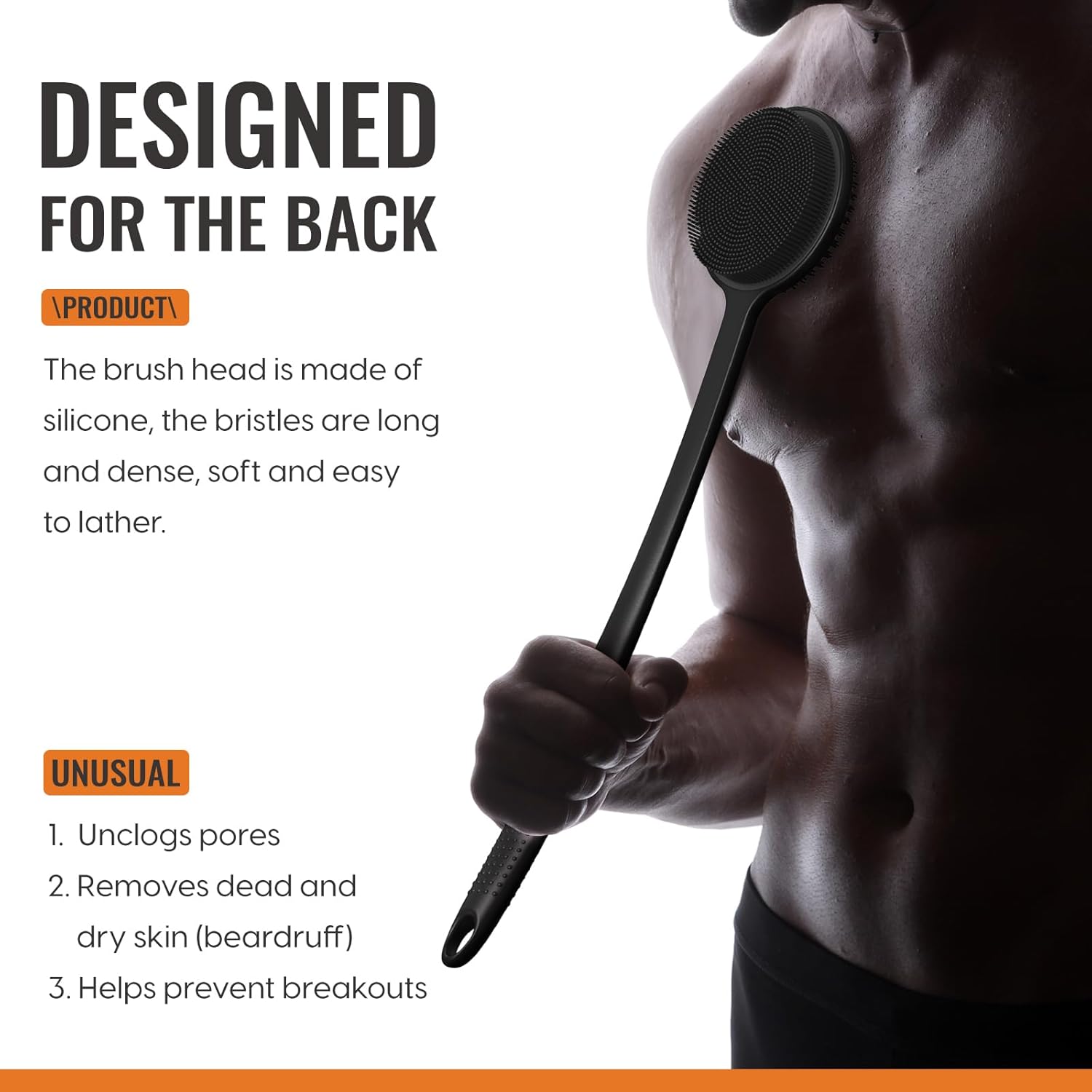 Silicone Back Scrubber for Shower, 17In Lengthen Long Handle Body Brush, Double Sided Shower Brush for Shower Exfoliating and Massage Can Produce Rich Foam, Long Handle Back Scrubber for Men