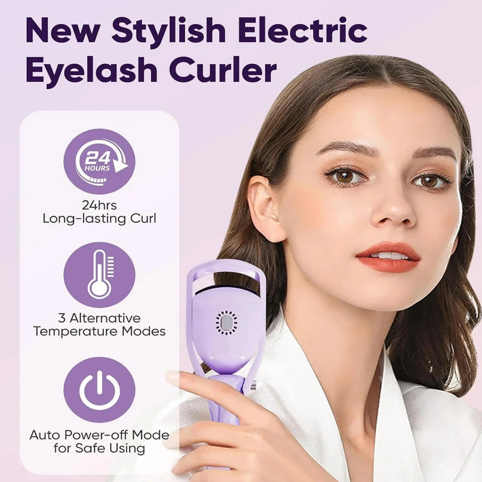 Rechargeable Heated Eyelash Curler, Fast 5S Heat Up, 24 Hours Long Lasting, Temperature Control, Safe Anti-Burn , Quick Natural Curling Purple Plastic