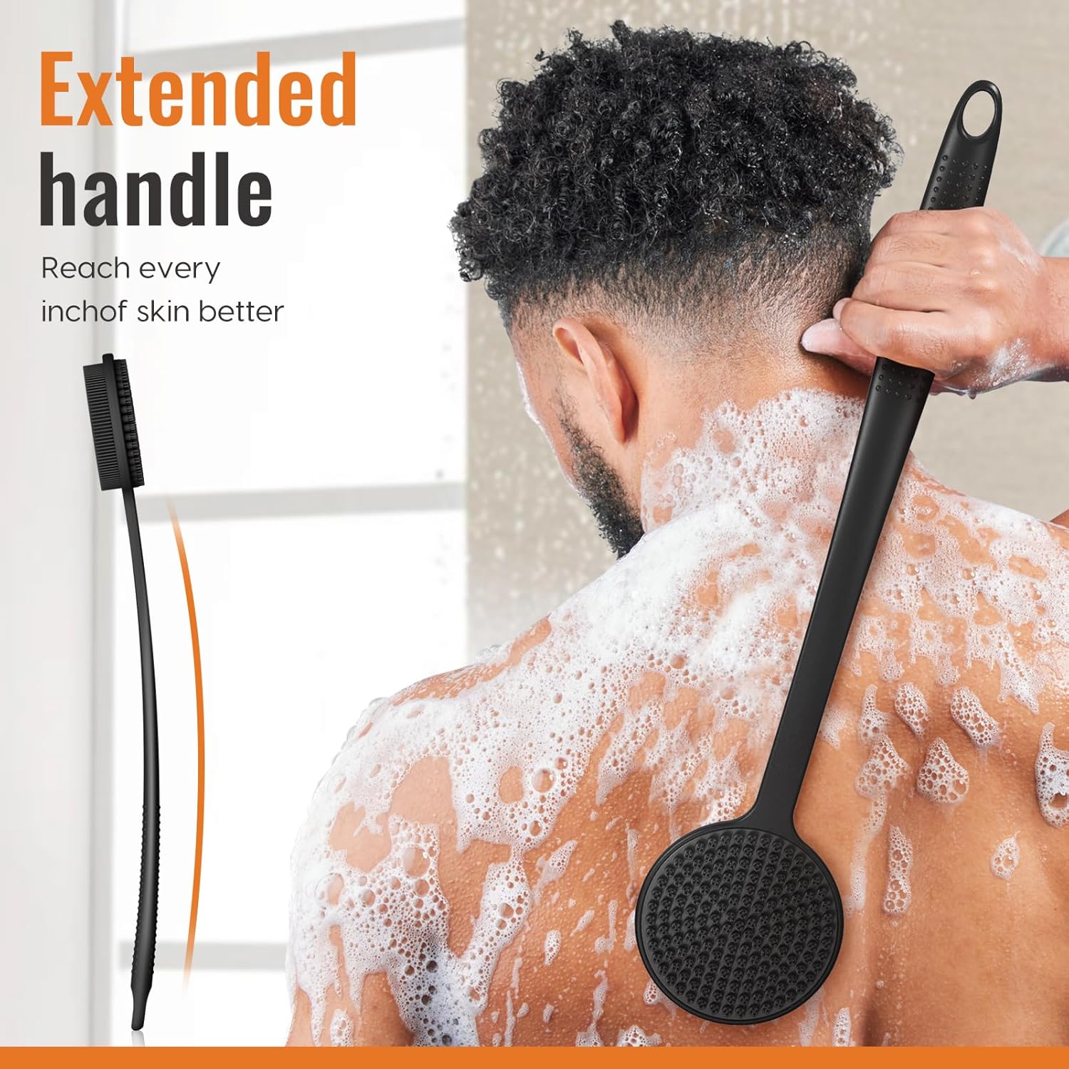 Silicone Back Scrubber for Shower, 17In Lengthen Long Handle Body Brush, Double Sided Shower Brush for Shower Exfoliating and Massage Can Produce Rich Foam, Long Handle Back Scrubber for Men
