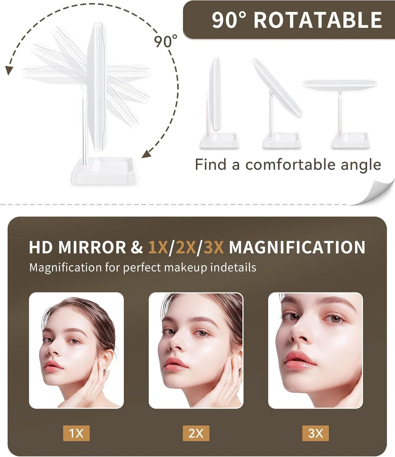 Makeup Vanity Mirror with Lights, 1X 2X 3X Magnification, Lighted , Touch Control, Trifold , Dual Power Supply, Portable LED Makeup Mirror, Women Gift (White)