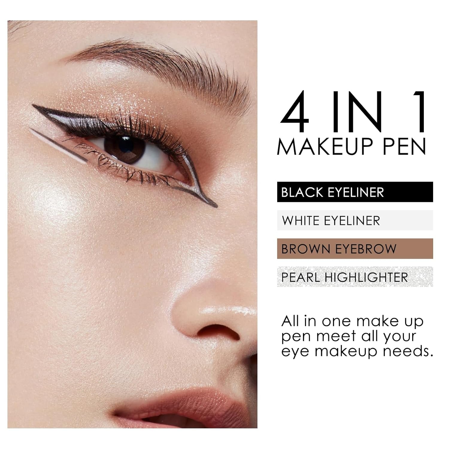 4-In-1 On-The-Go Travel Makeup Pen - Eyeliner in Black & White, Eyebrow Pencil in Brown, Highlighter - Smooth Glide, Easy Carry