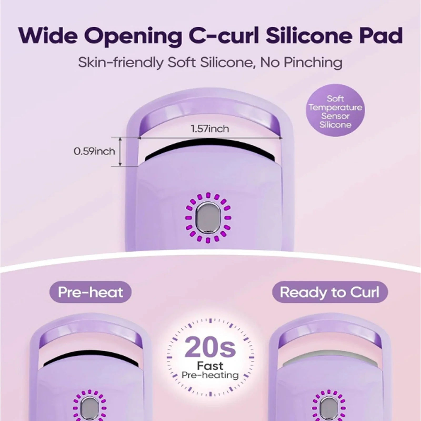 Rechargeable Heated Eyelash Curler, Fast 5S Heat Up, 24 Hours Long Lasting, Temperature Control, Safe Anti-Burn , Quick Natural Curling Purple Plastic