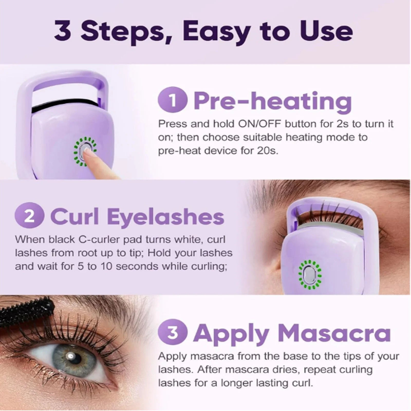 Rechargeable Heated Eyelash Curler, Fast 5S Heat Up, 24 Hours Long Lasting, Temperature Control, Safe Anti-Burn , Quick Natural Curling Purple Plastic