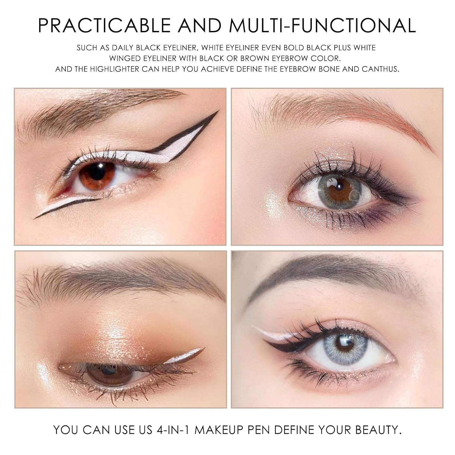 4-In-1 On-The-Go Travel Makeup Pen - Eyeliner in Black & White, Eyebrow Pencil in Brown, Highlighter - Smooth Glide, Easy Carry