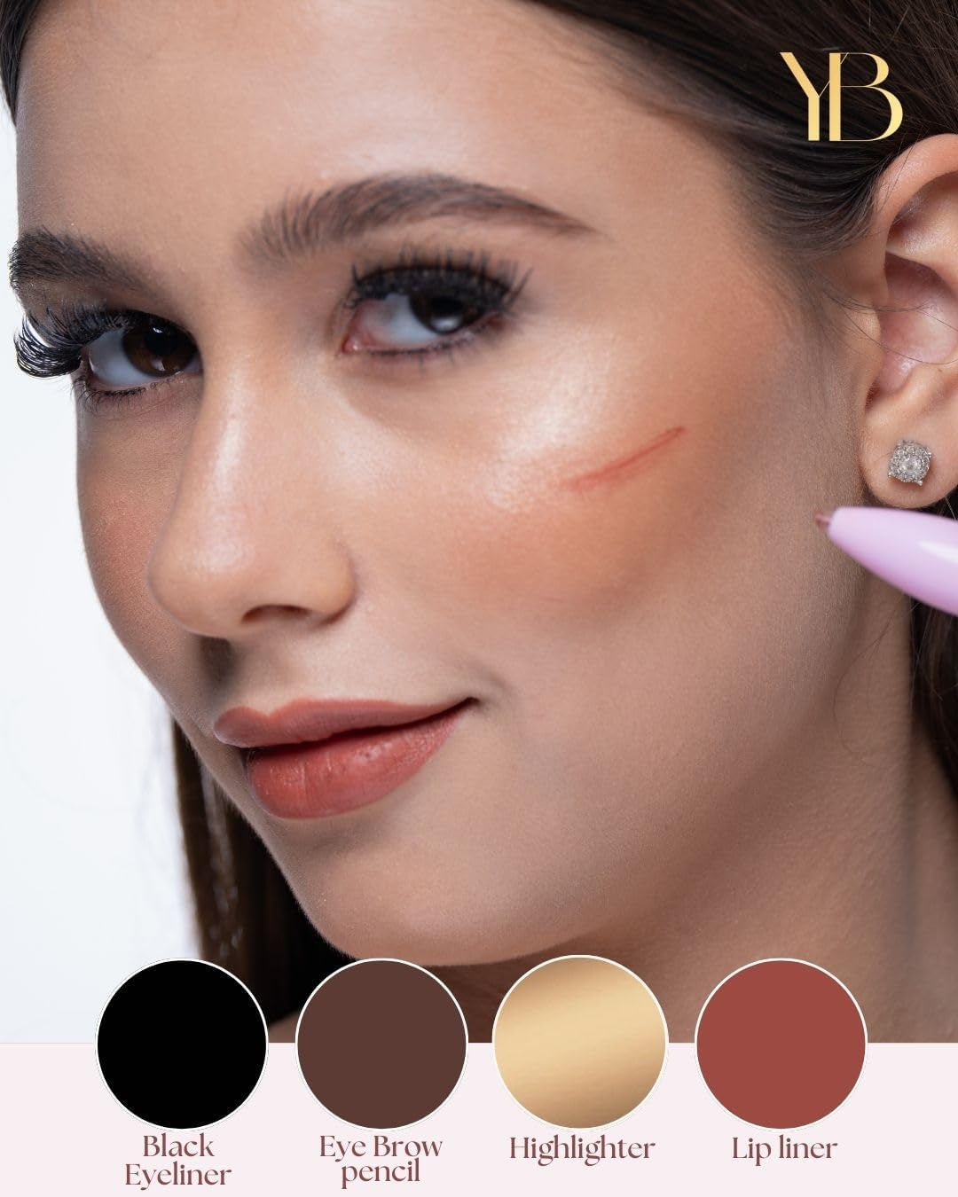 - 4 in 1 Makeup Touch up Pen with Brown Mauve Lip Liner, Black Eyeliner, Dark Brown Eyebrow Pencil, and Champagne Gold Highlighter, Compact Beauty Pen, Smudge Proof, Vegan, Cruelty-Free