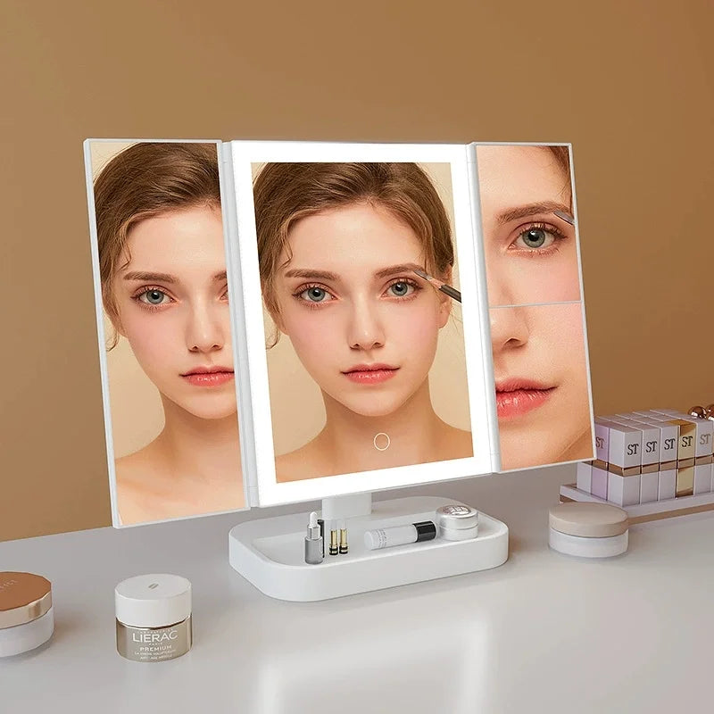 Makeup Vanity Mirror with Lights, 1X 2X 3X Magnification, Lighted , Touch Control, Trifold , Dual Power Supply, Portable LED Makeup Mirror, Women Gift (White)