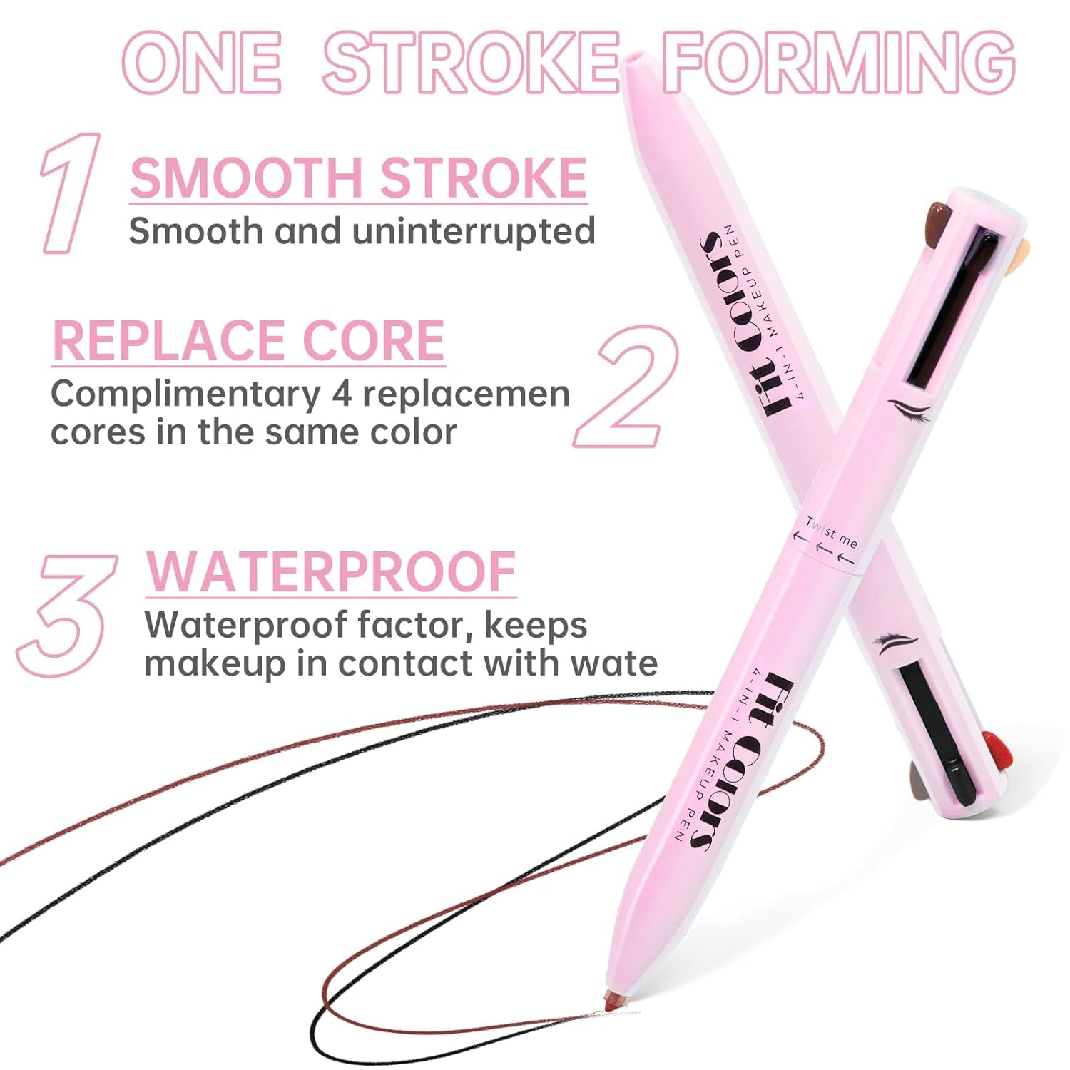 4 in 1 Makeup Pen, 4 Colors Eyeliner Eyebrow Lip Liner Highlighter All in One Beauty Pen, Waterproof Long-Lasting Multifunctional Travel Portable Makeup Pen with 4 Replacement Refill