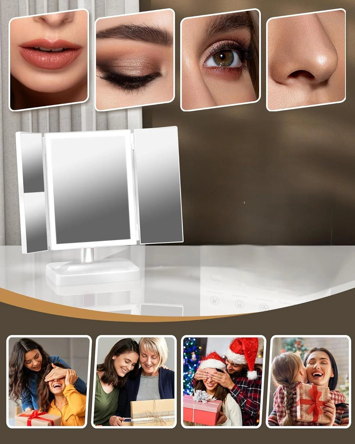 Makeup Vanity Mirror with Lights, 1X 2X 3X Magnification, Lighted , Touch Control, Trifold , Dual Power Supply, Portable LED Makeup Mirror, Women Gift (White)