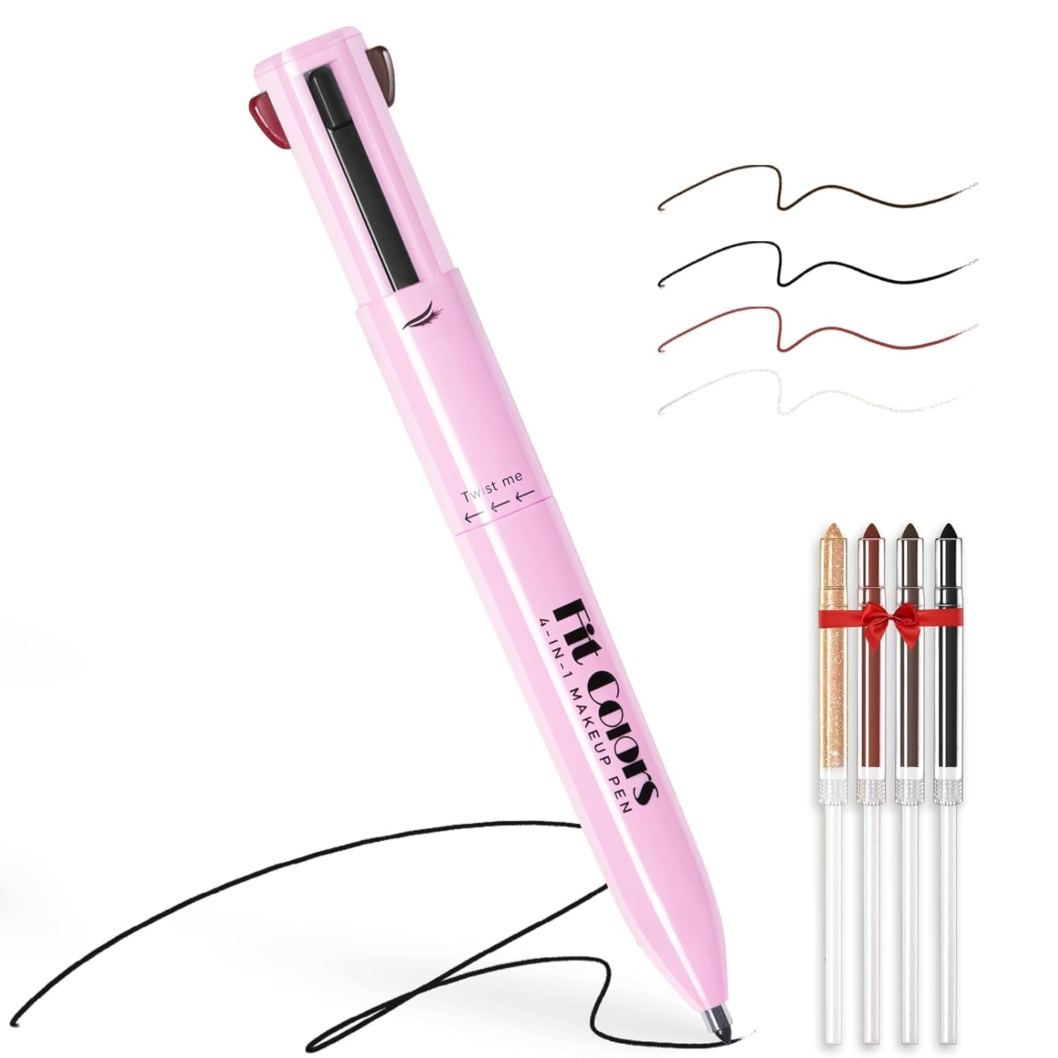 4 in 1 Makeup Pen, 4 Colors Eyeliner Eyebrow Lip Liner Highlighter All in One Beauty Pen, Waterproof Long-Lasting Multifunctional Travel Portable Makeup Pen with 4 Replacement Refill