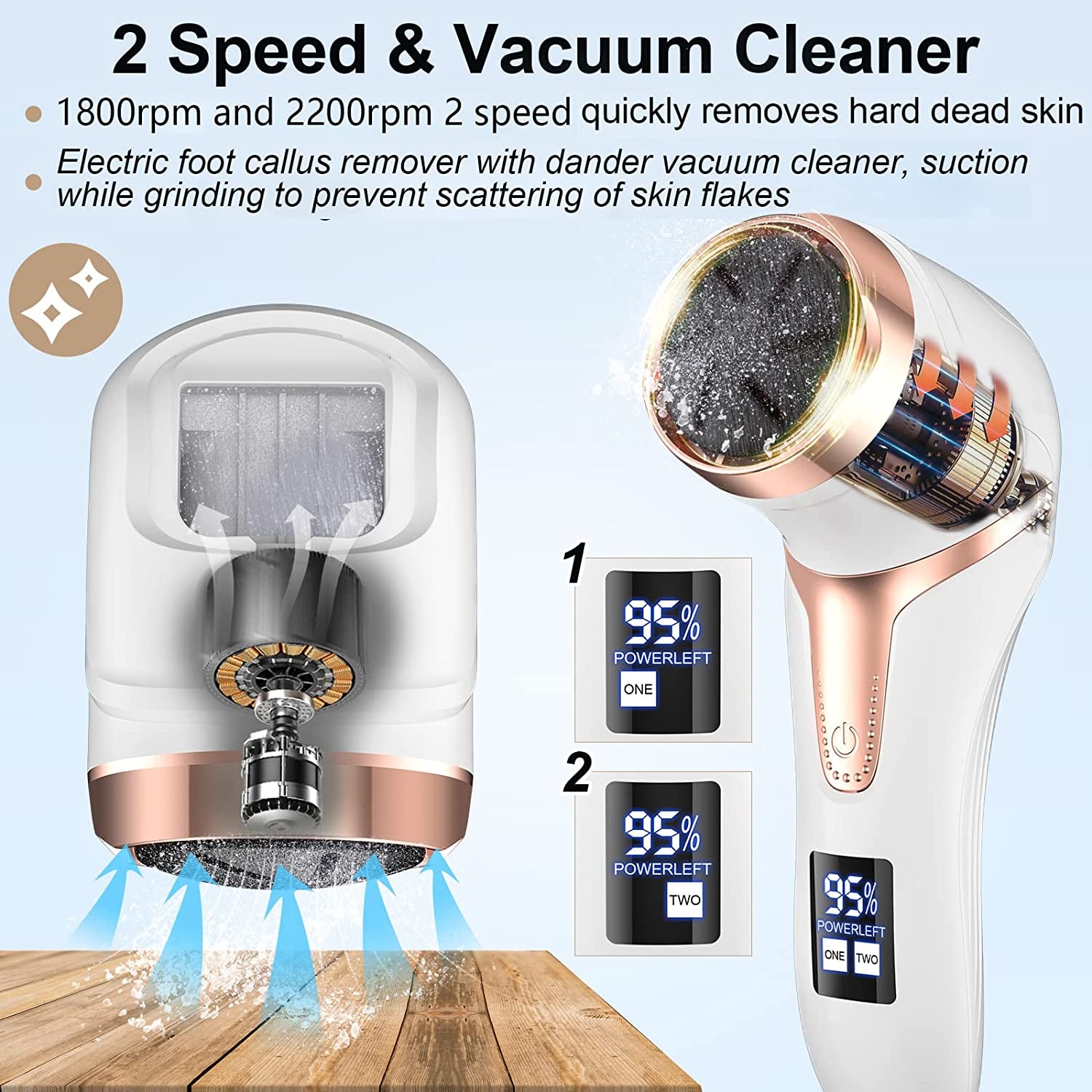 Electric Foot Callus Remover with Vacuum Cleaner, Rechargeable Foot File Dead Skin Remover with 2 Speed, 3 Grinding Head, LCD Display, Professional Kit for Foot Care White