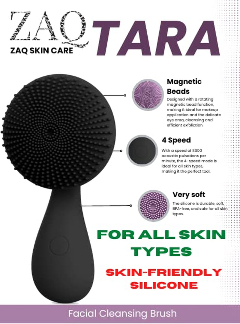 Tara Sonic Facial Cleansing Brush | Silicone Face Scrubber | Soft and Smooth Bristles Removes Dead Skin Cells and Makeup | for All Skin Types - Black