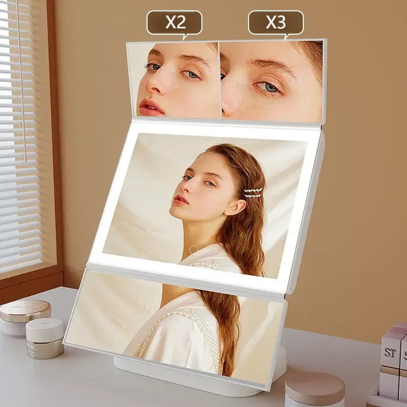Makeup Vanity Mirror with Lights, 1X 2X 3X Magnification, Lighted , Touch Control, Trifold , Dual Power Supply, Portable LED Makeup Mirror, Women Gift (White)