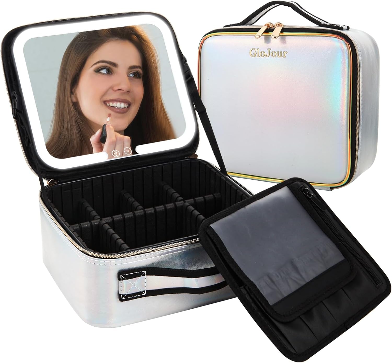 Makeup Bag with Led Mirror Travel Makeup Case with Lighted Mirror Designed with Partitions Waterproof Makeup Train Organizer with 3 Adjustable Brightness Color (Silver)