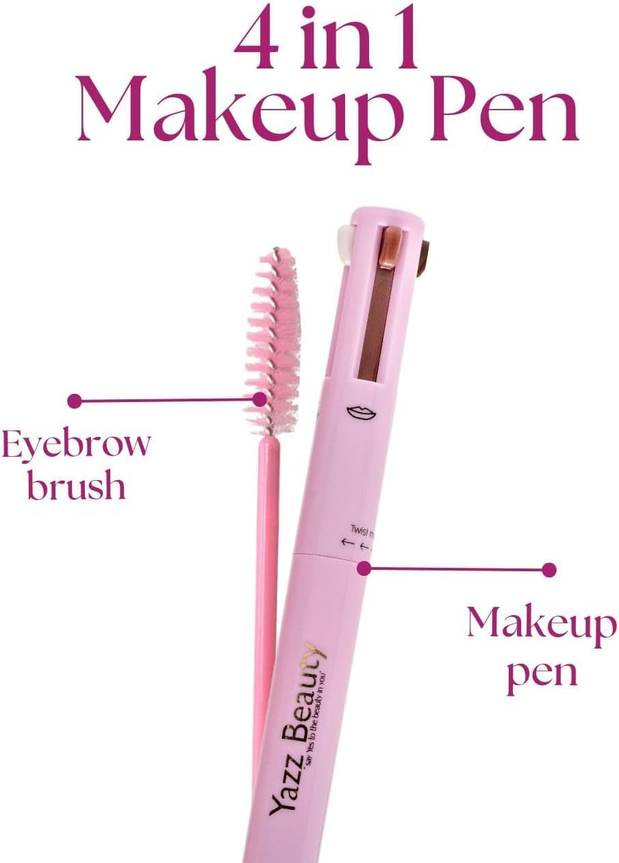- 4 in 1 Makeup Touch up Pen with Brown Mauve Lip Liner, Black Eyeliner, Dark Brown Eyebrow Pencil, and Champagne Gold Highlighter, Compact Beauty Pen, Smudge Proof, Vegan, Cruelty-Free