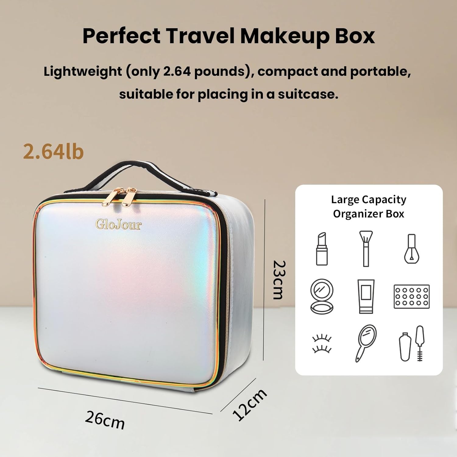 Makeup Bag with Led Mirror Travel Makeup Case with Lighted Mirror Designed with Partitions Waterproof Makeup Train Organizer with 3 Adjustable Brightness Color (Silver)
