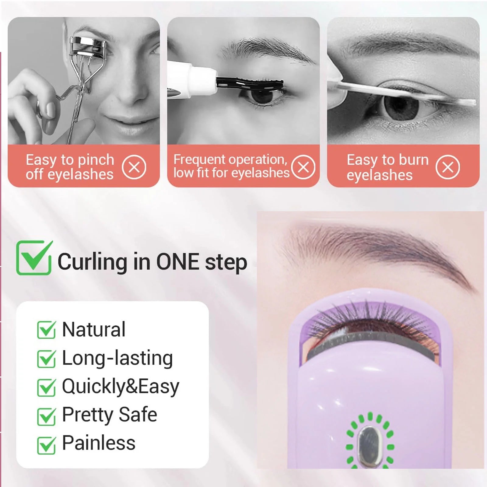 Rechargeable Heated Eyelash Curler, Fast 5S Heat Up, 24 Hours Long Lasting, Temperature Control, Safe Anti-Burn , Quick Natural Curling Purple Plastic