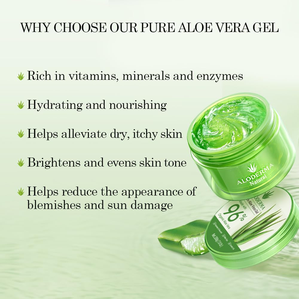 Organic Aloe Vera Gel for Face & Body, 96% Pure Aloe Gel Made within 12 Hours of Harvest, Ideal for Skin, Scalp, & Hair Hydration, Calming Moisturizer for Soothing after Sun Care, 7.05Oz
