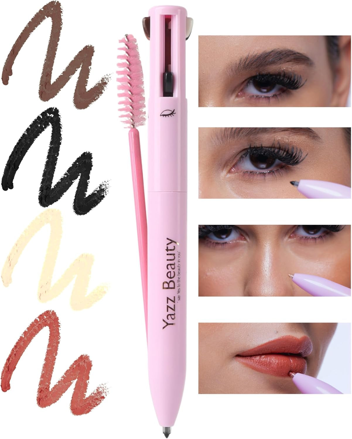 - 4 in 1 Makeup Touch up Pen with Brown Mauve Lip Liner, Black Eyeliner, Dark Brown Eyebrow Pencil, and Champagne Gold Highlighter, Compact Beauty Pen, Smudge Proof, Vegan, Cruelty-Free