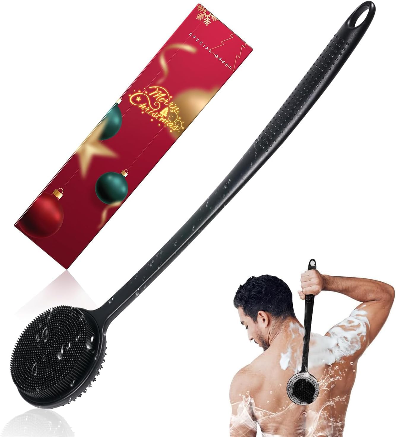 Silicone Back Scrubber for Shower, 17In Lengthen Long Handle Body Brush, Double Sided Shower Brush for Shower Exfoliating and Massage Can Produce Rich Foam, Long Handle Back Scrubber for Men