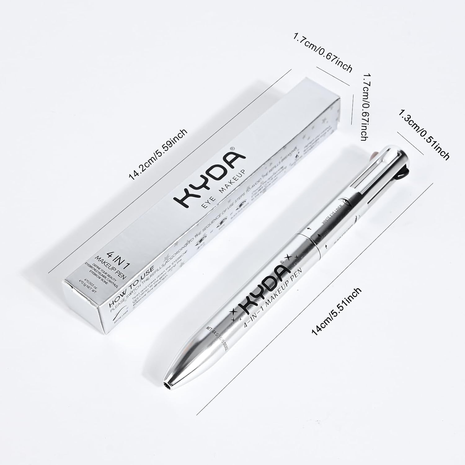 4-In-1 On-The-Go Travel Makeup Pen - Eyeliner in Black & White, Eyebrow Pencil in Brown, Highlighter - Smooth Glide, Easy Carry