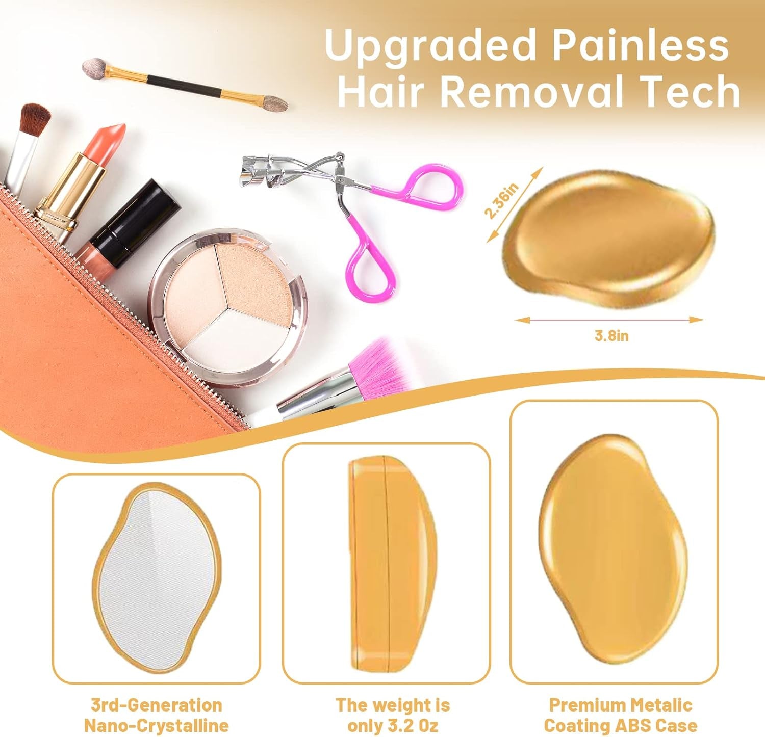 Crystal Hair Eraser - Magic Hair Remover for Women & Men, Painless Exfoliation for Arms, Legs & Back, Portable & Reusable (Gold)