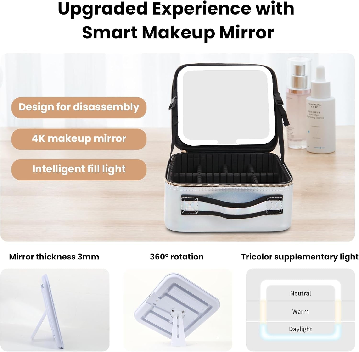 Makeup Bag with Led Mirror Travel Makeup Case with Lighted Mirror Designed with Partitions Waterproof Makeup Train Organizer with 3 Adjustable Brightness Color (Silver)