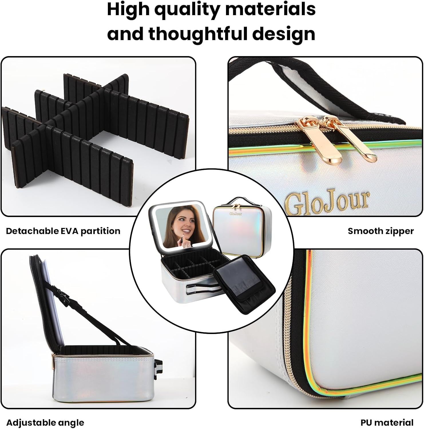 Makeup Bag with Led Mirror Travel Makeup Case with Lighted Mirror Designed with Partitions Waterproof Makeup Train Organizer with 3 Adjustable Brightness Color (Silver)