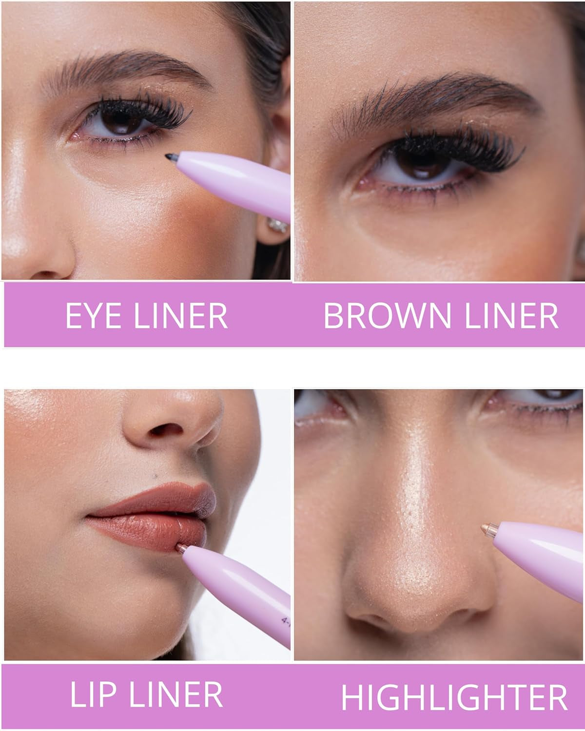 - 4 in 1 Makeup Touch up Pen with Brown Mauve Lip Liner, Black Eyeliner, Dark Brown Eyebrow Pencil, and Champagne Gold Highlighter, Compact Beauty Pen, Smudge Proof, Vegan, Cruelty-Free