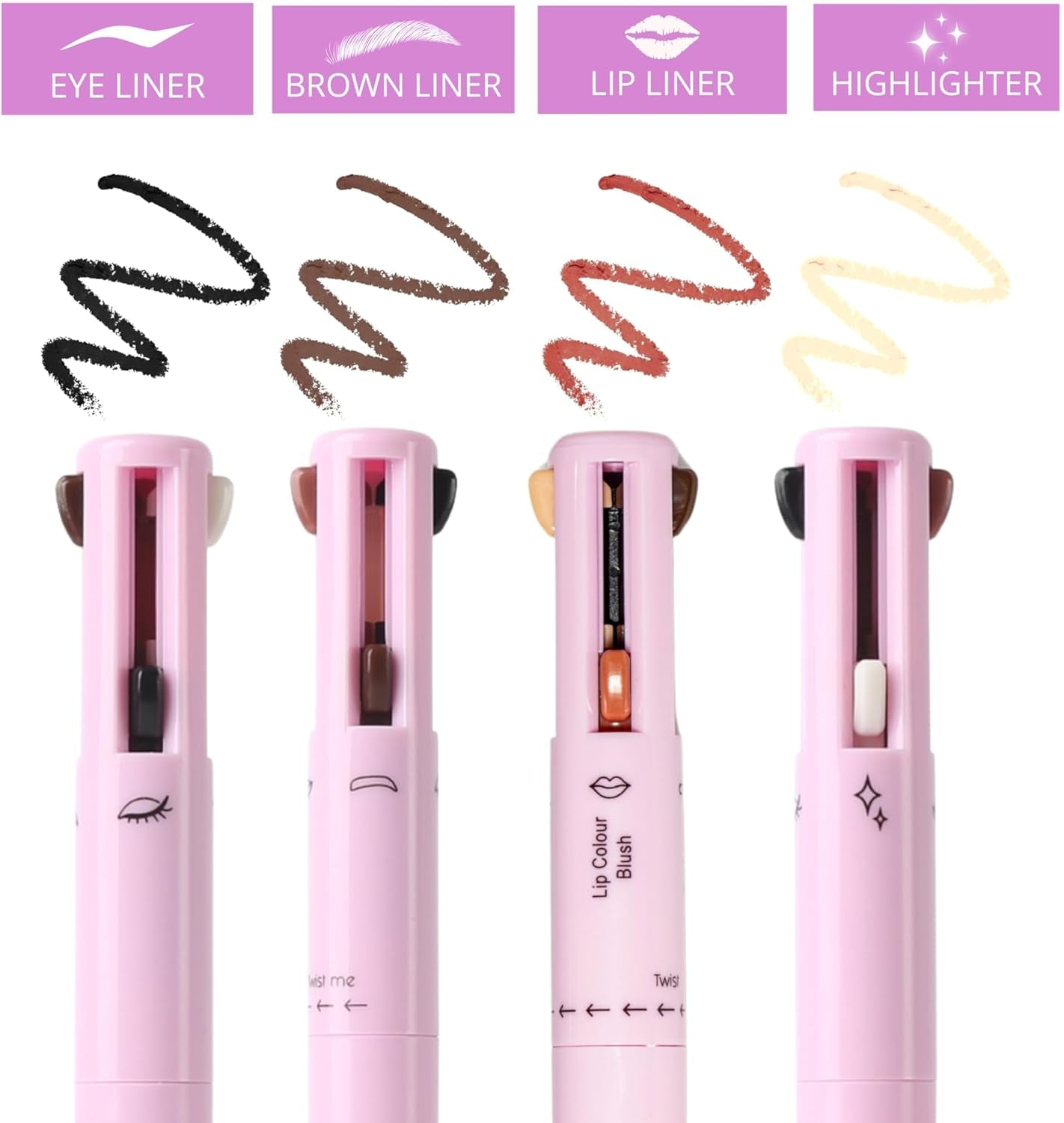 - 4 in 1 Makeup Touch up Pen with Brown Mauve Lip Liner, Black Eyeliner, Dark Brown Eyebrow Pencil, and Champagne Gold Highlighter, Compact Beauty Pen, Smudge Proof, Vegan, Cruelty-Free