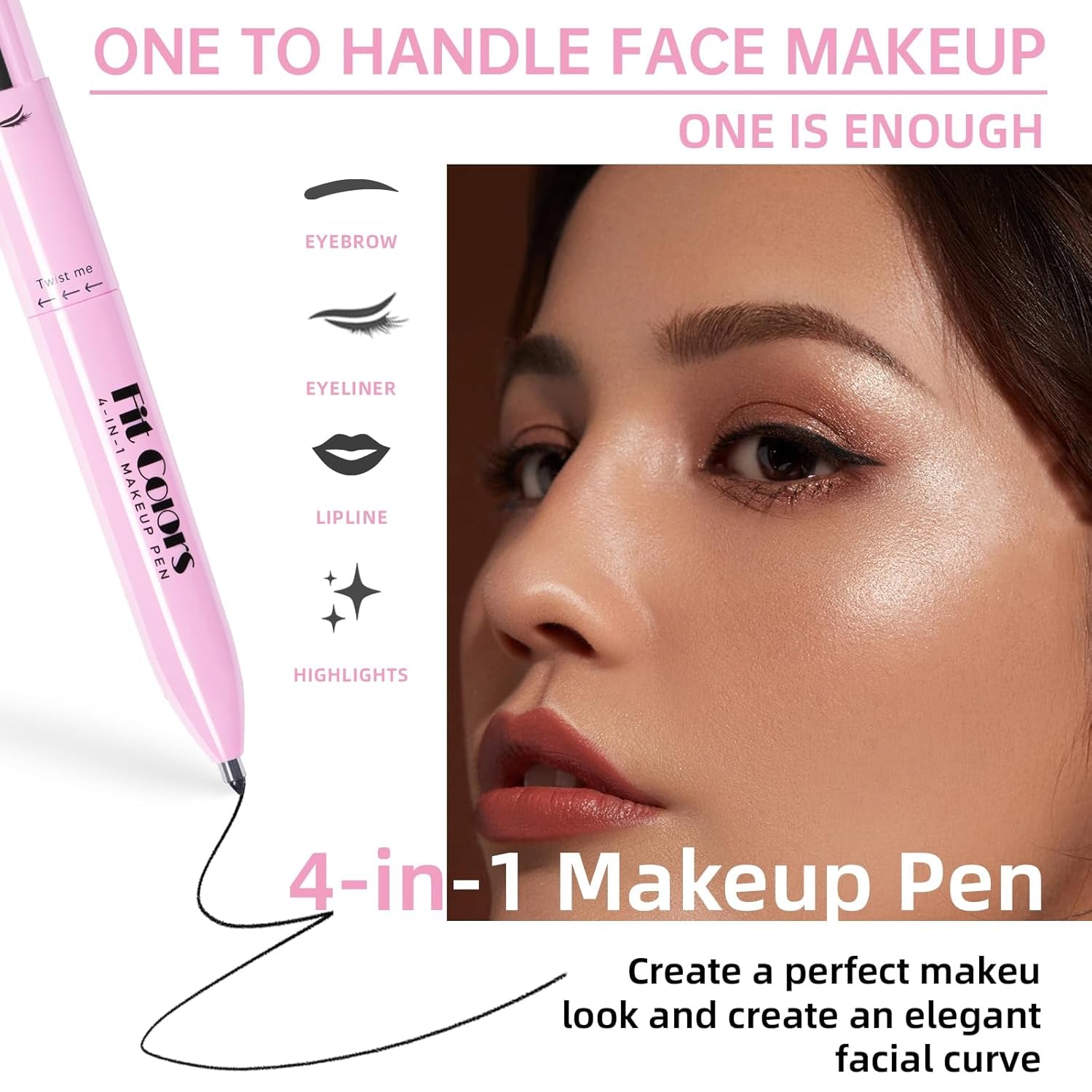 4 in 1 Makeup Pen, 4 Colors Eyeliner Eyebrow Lip Liner Highlighter All in One Beauty Pen, Waterproof Long-Lasting Multifunctional Travel Portable Makeup Pen with 4 Replacement Refill