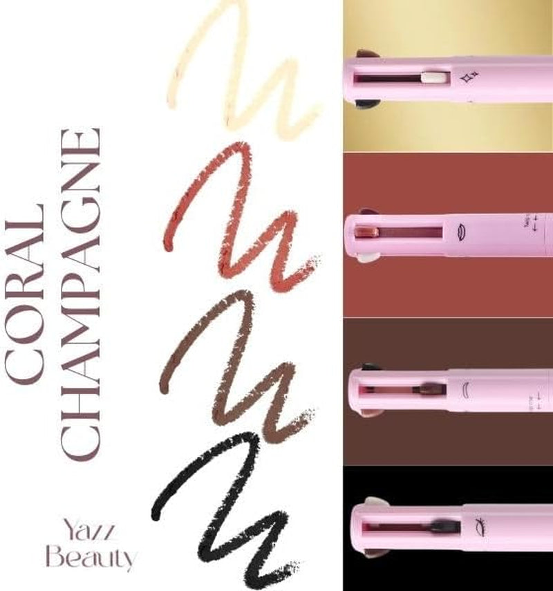 - 4 in 1 Makeup Touch up Pen with Brown Mauve Lip Liner, Black Eyeliner, Dark Brown Eyebrow Pencil, and Champagne Gold Highlighter, Compact Beauty Pen, Smudge Proof, Vegan, Cruelty-Free